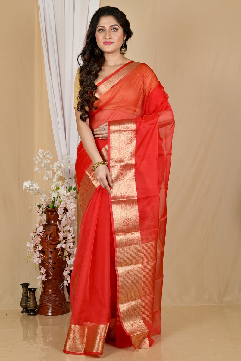 Red Blended Cotton Sikto Hand Loom Saree (2030)