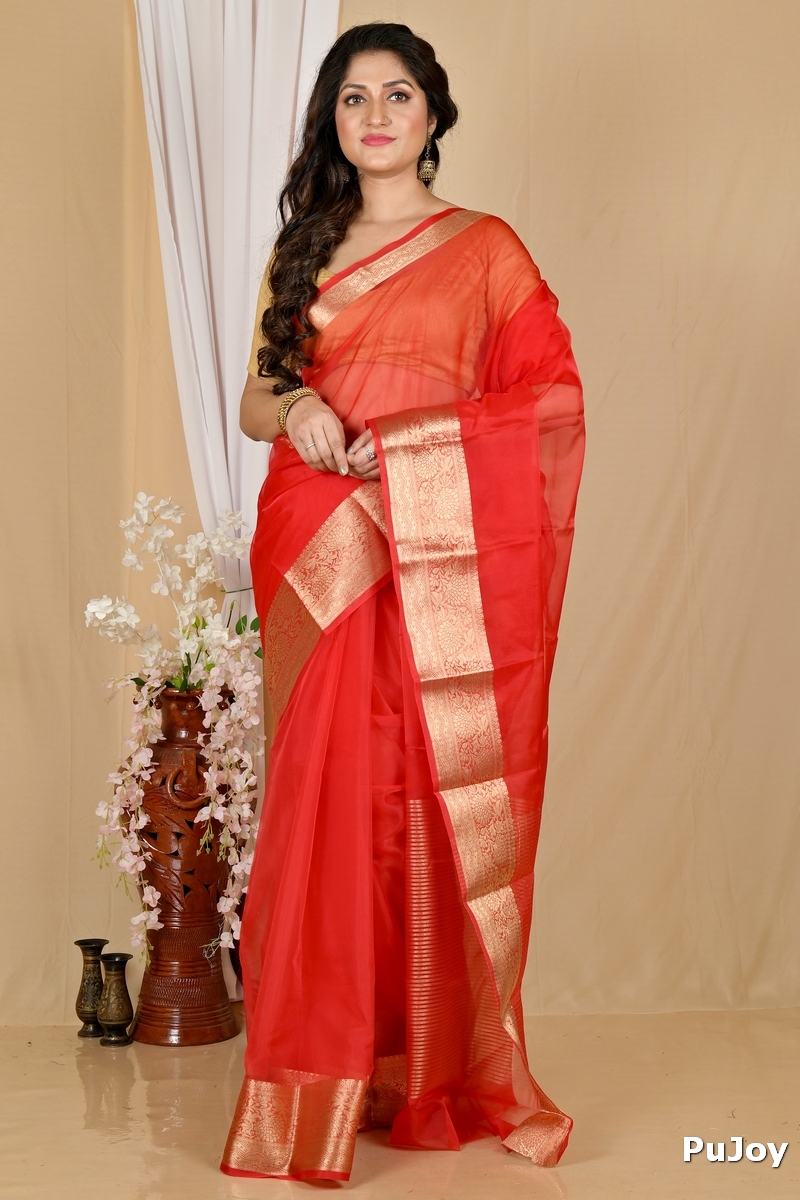 Red Blended Cotton Sikto Hand Loom Saree (2030)