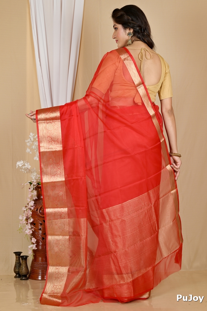 Red Blended Cotton Sikto Hand Loom Saree (2030)