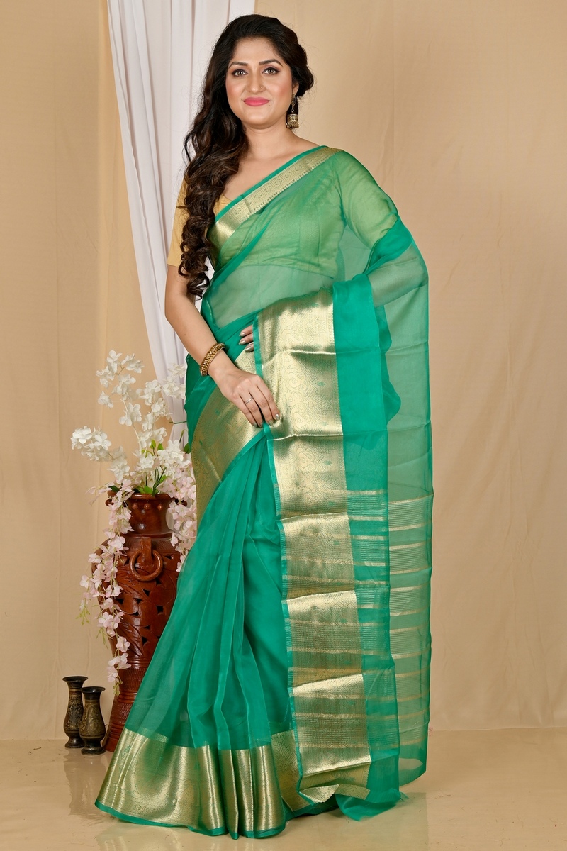 Green Blended Cotton Sikto Hand Loom Saree (2031)