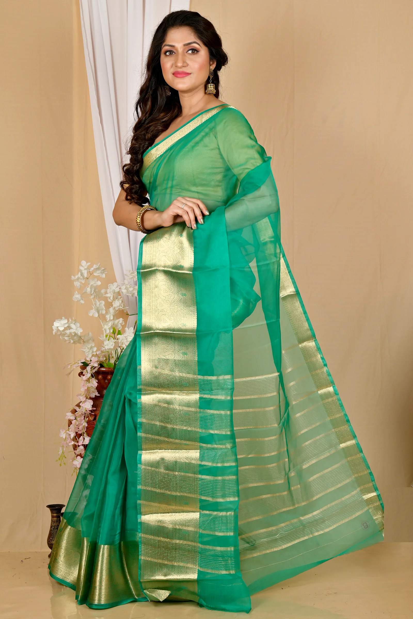 Green Blended Cotton Sikto Hand Loom Saree (2031)