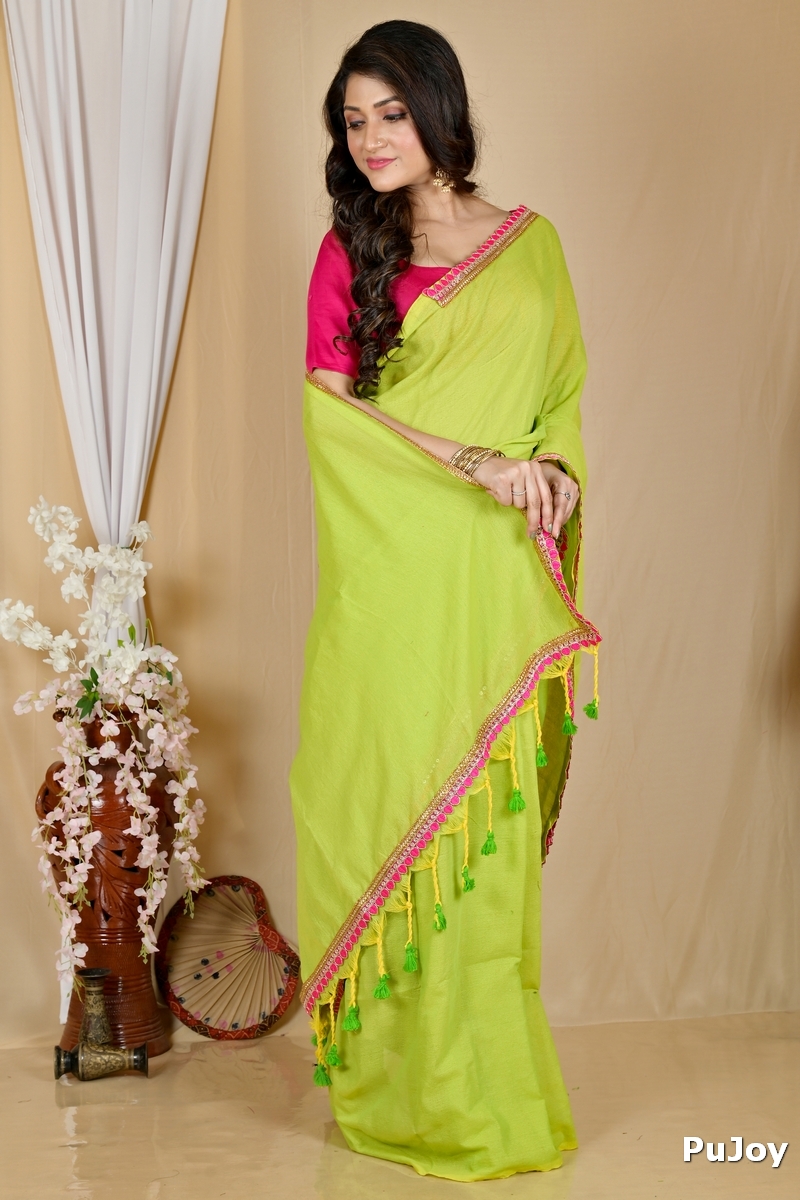 Green Pure Cotton Thanli Hand Loom Saree (2032)