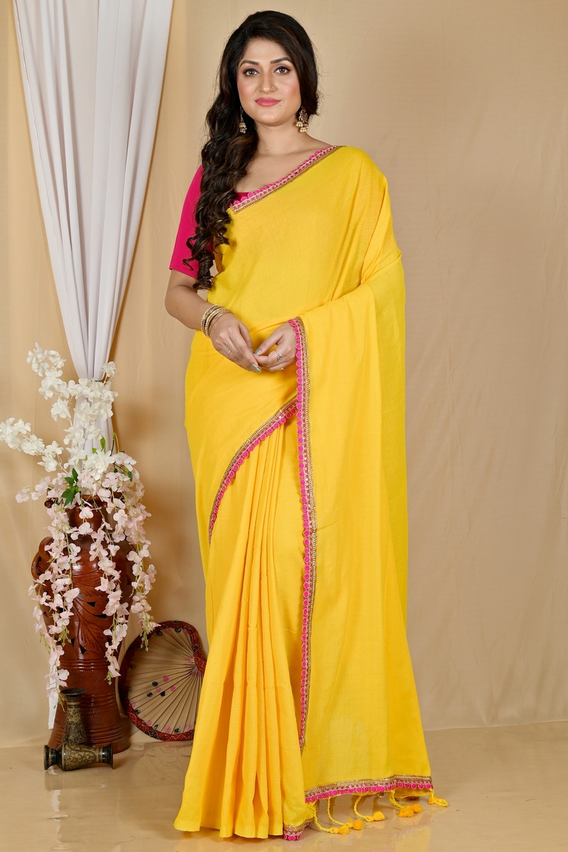 Yellow Pure Cotton Thanli Hand Loom Saree (2033)