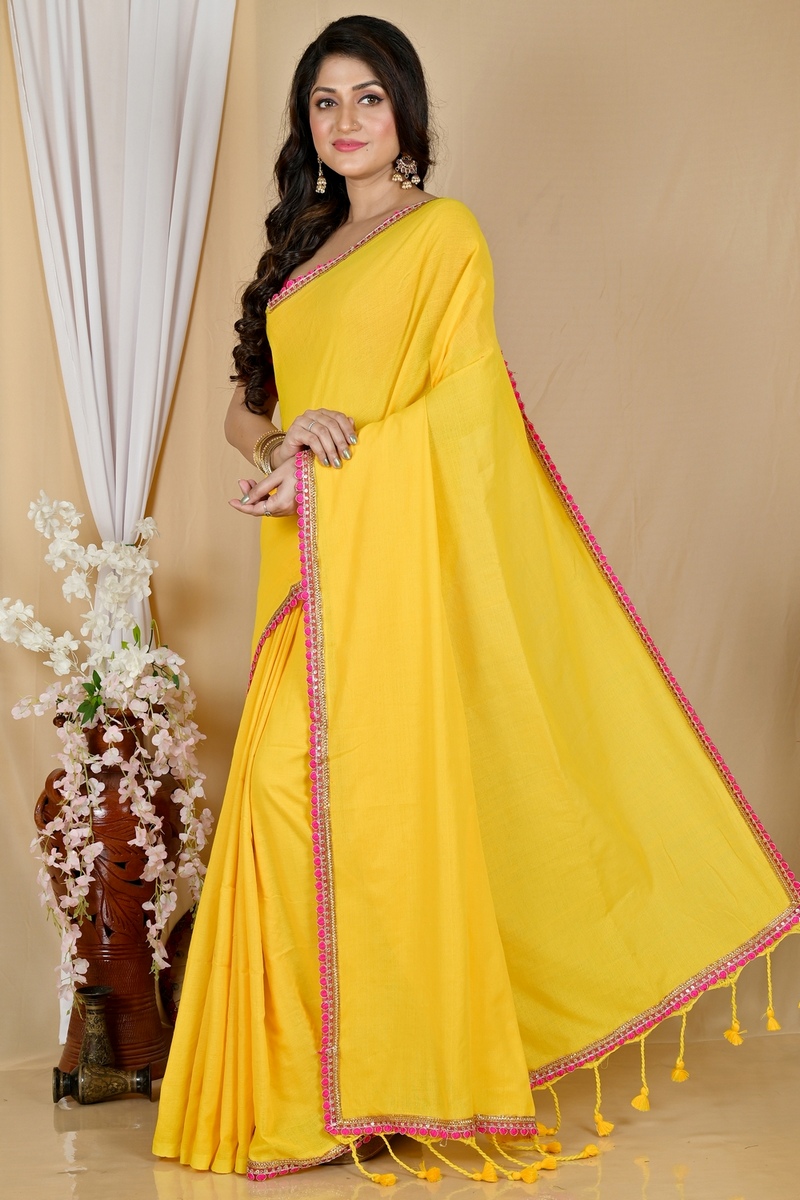 Yellow Pure Cotton Thanli Hand Loom Saree (2033)