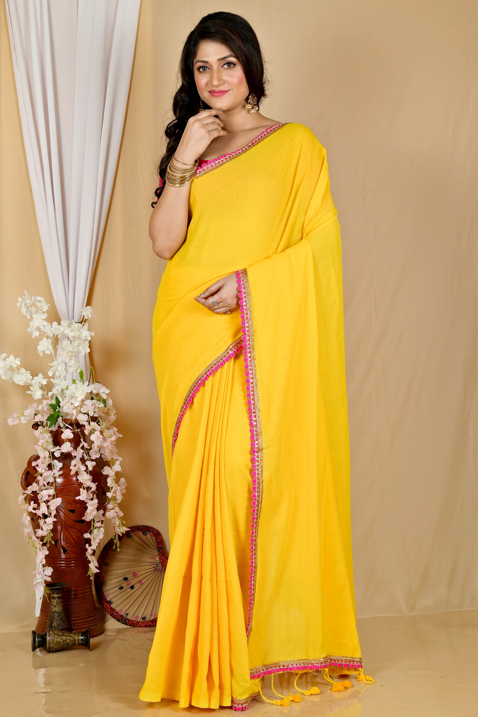 Yellow Pure Cotton Thanli Hand Loom Saree (2033)