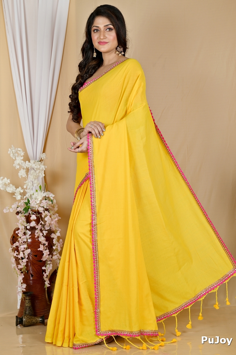 Yellow Pure Cotton Thanli Hand Loom Saree (2033)