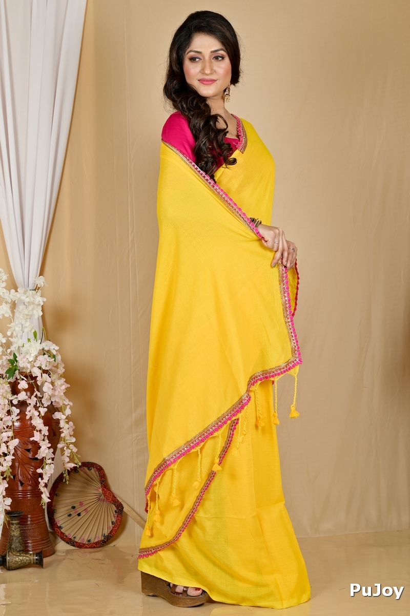 Yellow Pure Cotton Thanli Hand Loom Saree (2033)