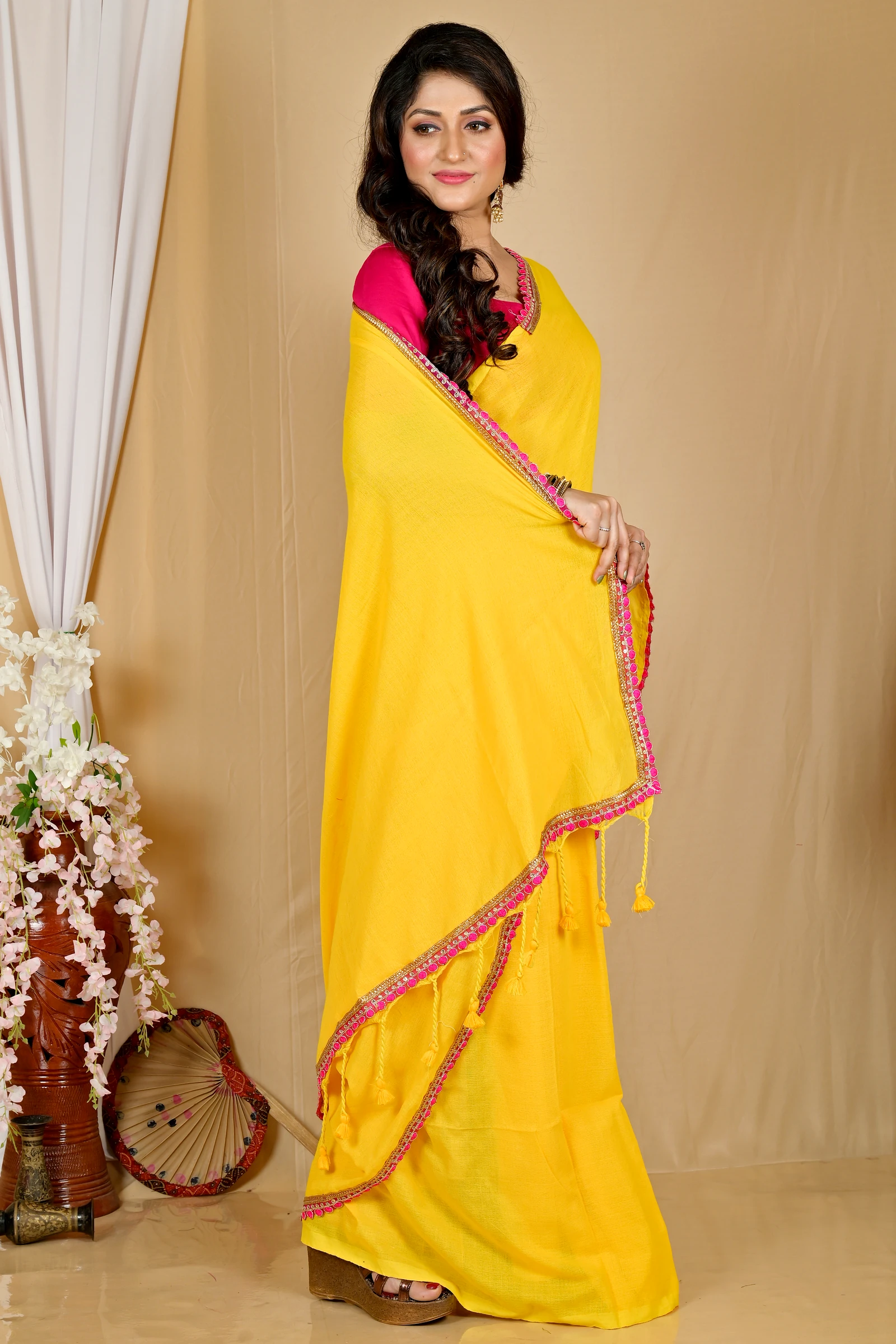 Yellow Pure Cotton Thanli Hand Loom Saree (2033)