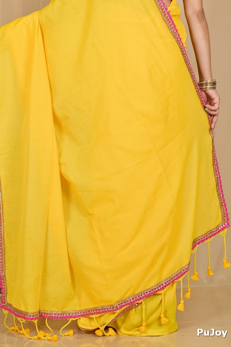 Yellow Pure Cotton Thanli Hand Loom Saree (2033)