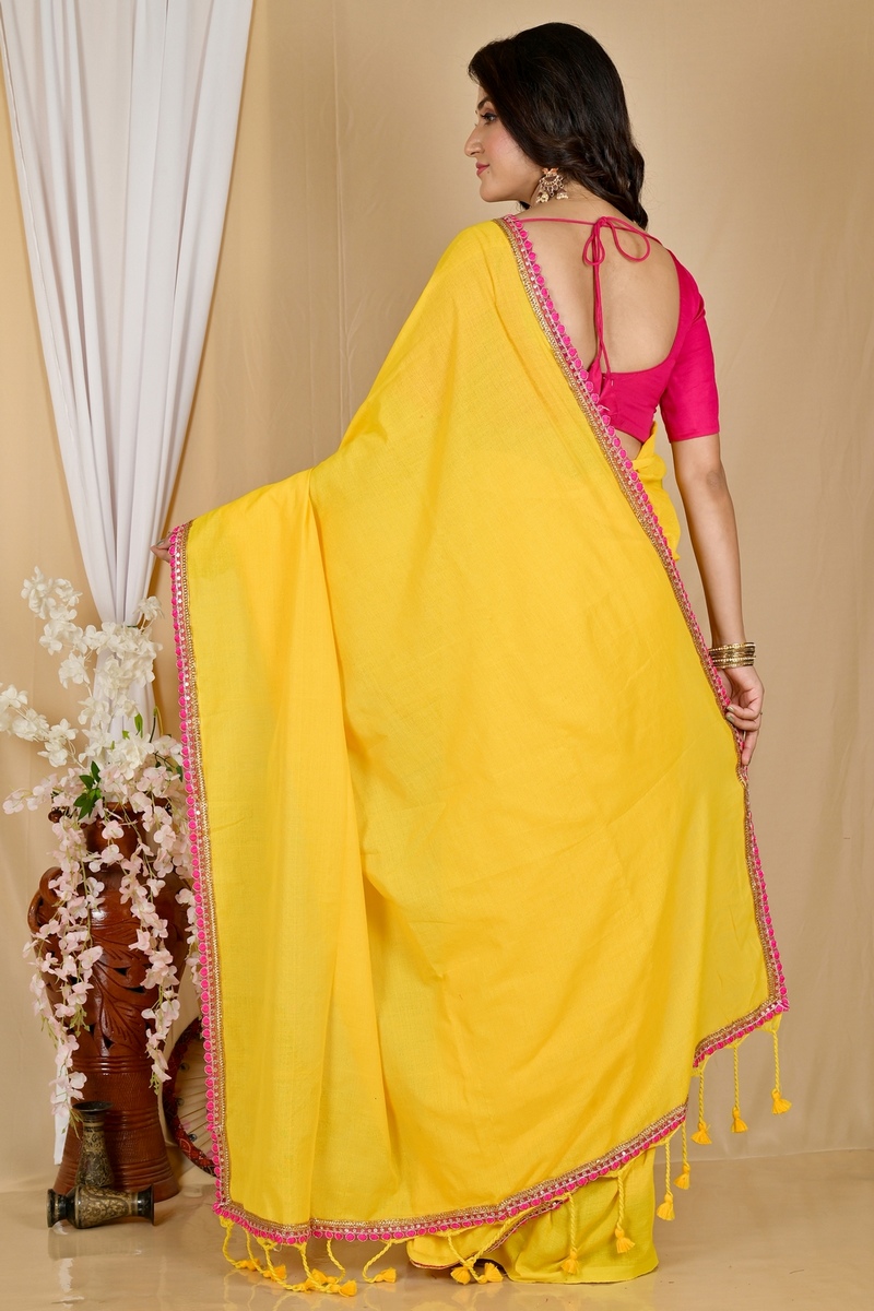 Yellow Pure Cotton Thanli Hand Loom Saree (2033)