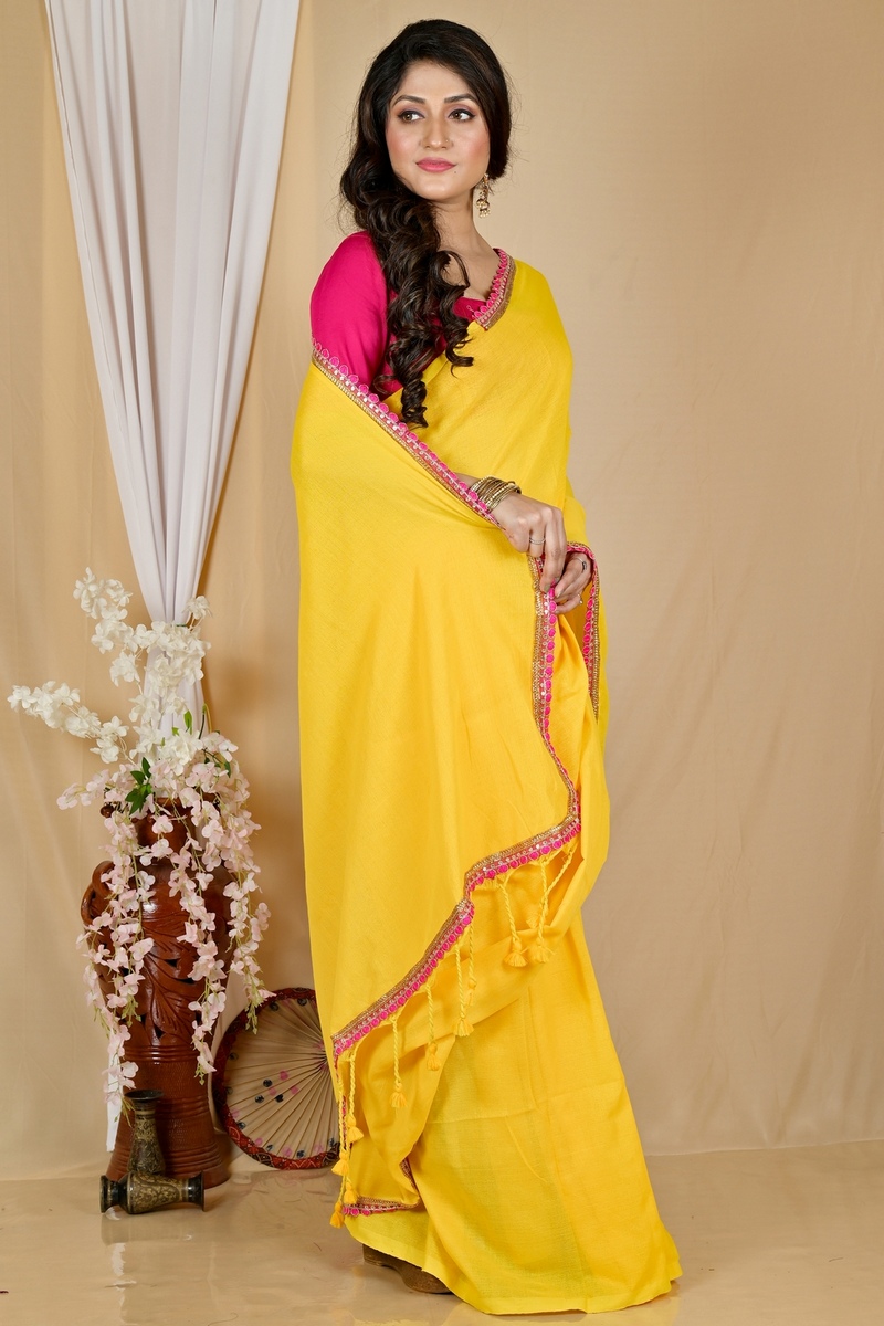 Yellow Pure Cotton Thanli Hand Loom Saree (2033)