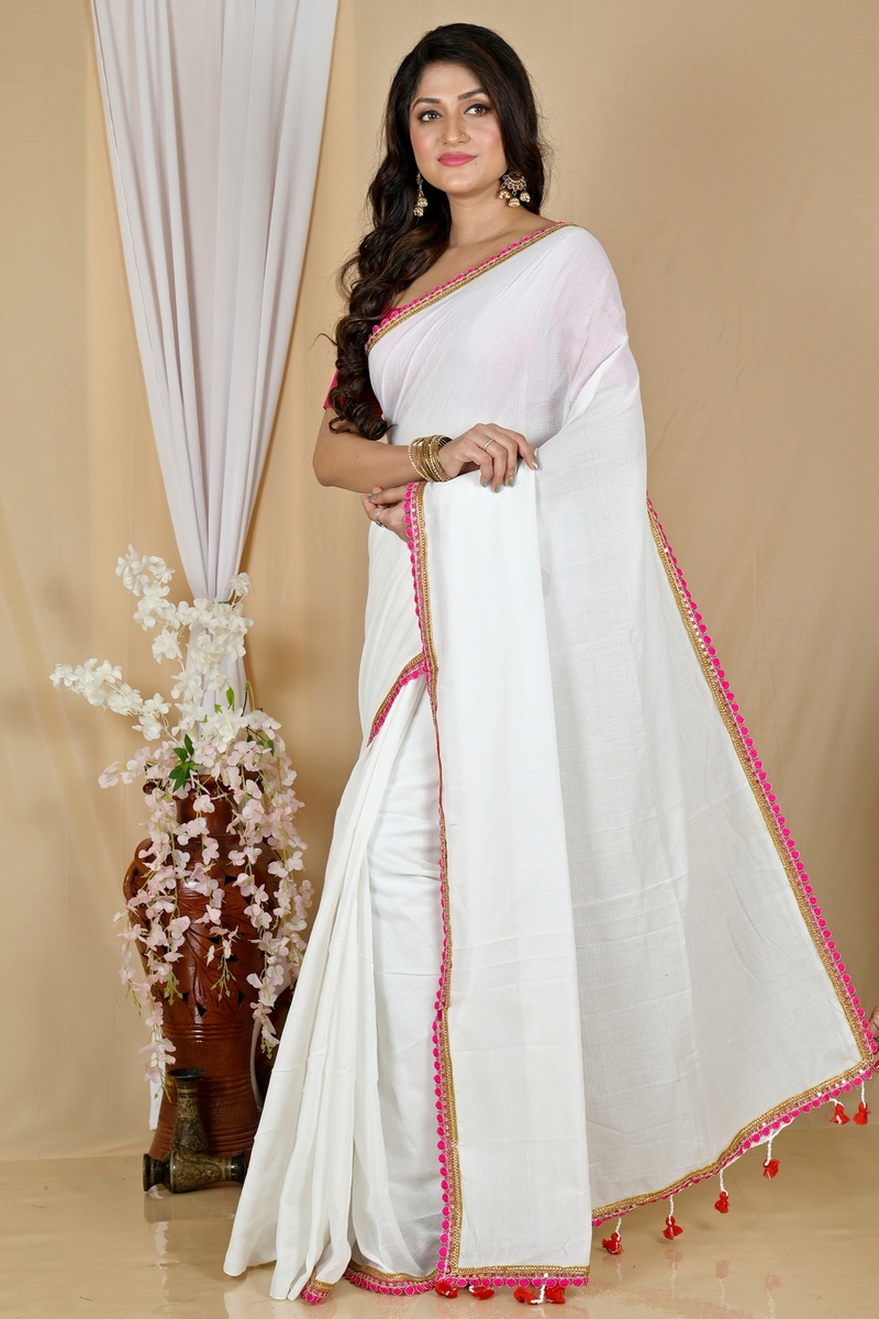 White Pure Cotton Thanli Hand Loom Saree (2034)