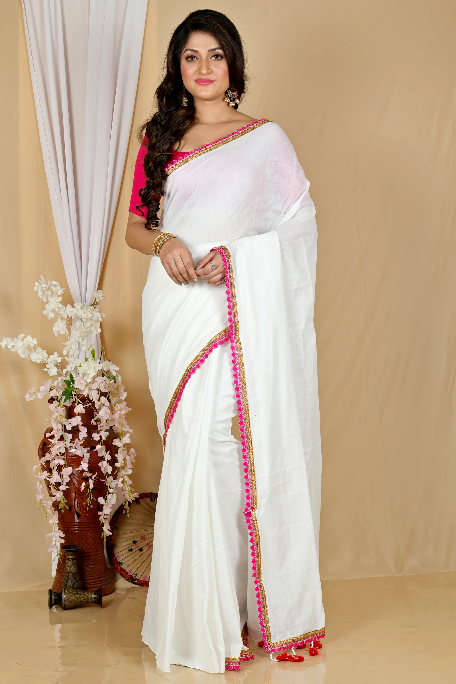 White Pure Cotton Thanli Hand Loom Saree (2034)