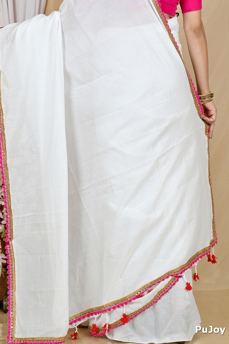 White Pure Cotton Thanli Hand Loom Saree (2034)