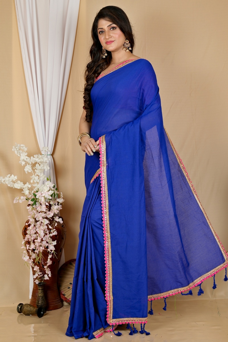 Dark Blue Pure Cotton Thanli Hand Loom Saree (2035)
