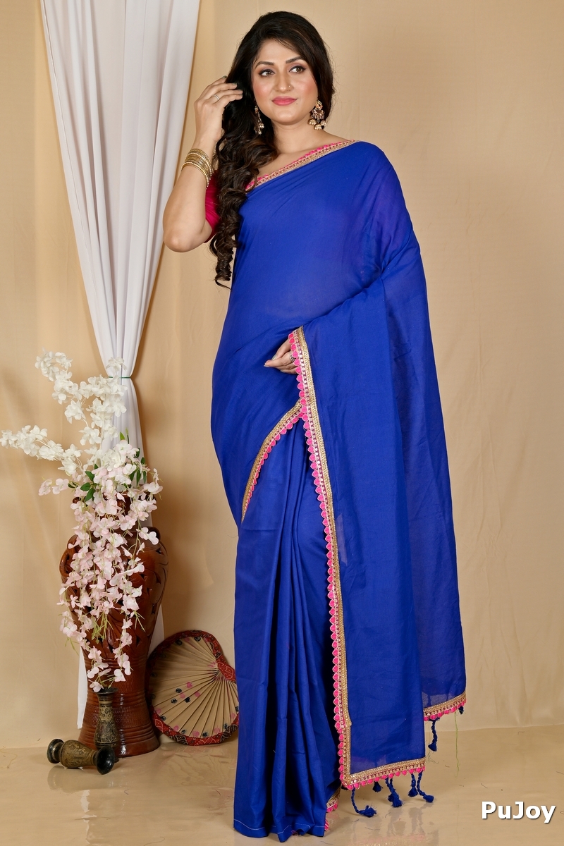 Dark Blue Pure Cotton Thanli Hand Loom Saree (2035)