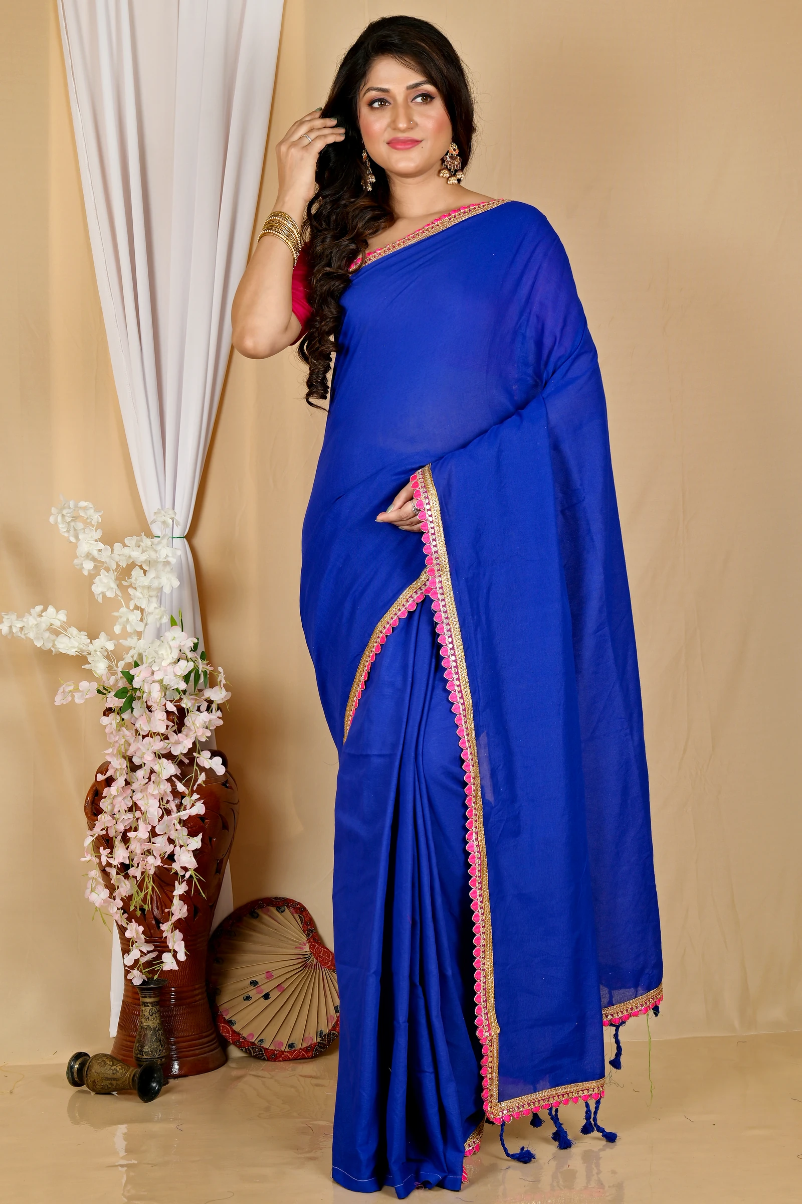 Dark Blue Pure Cotton Thanli Hand Loom Saree (2035)