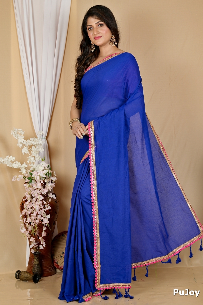 Dark Blue Pure Cotton Thanli Hand Loom Saree (2035)