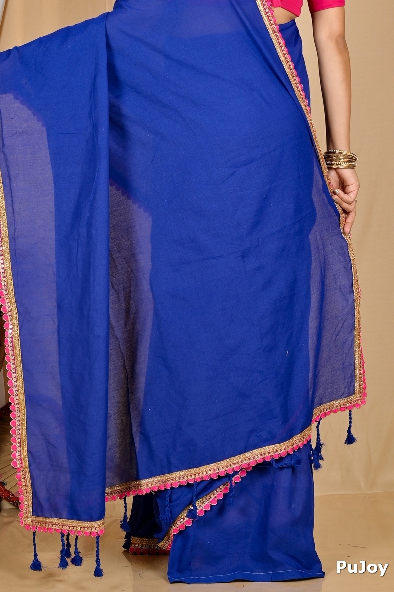 Dark Blue Pure Cotton Thanli Hand Loom Saree (2035)