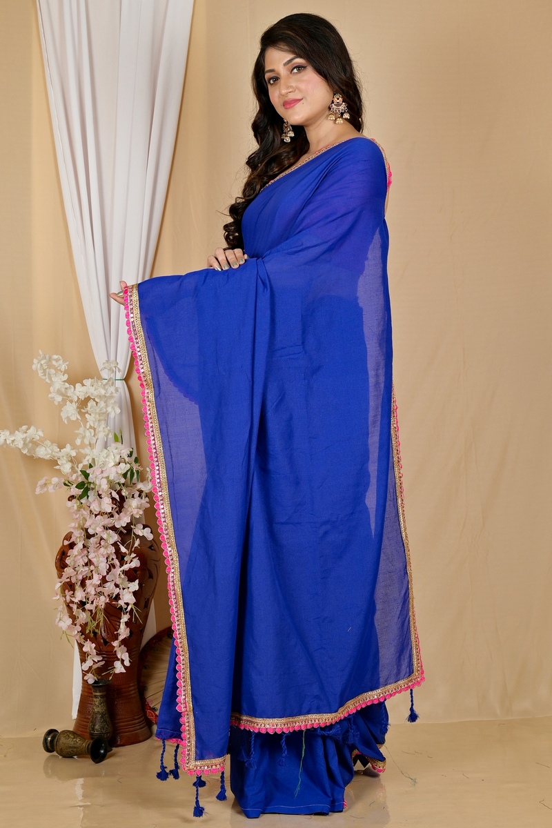 Dark Blue Pure Cotton Thanli Hand Loom Saree (2035)