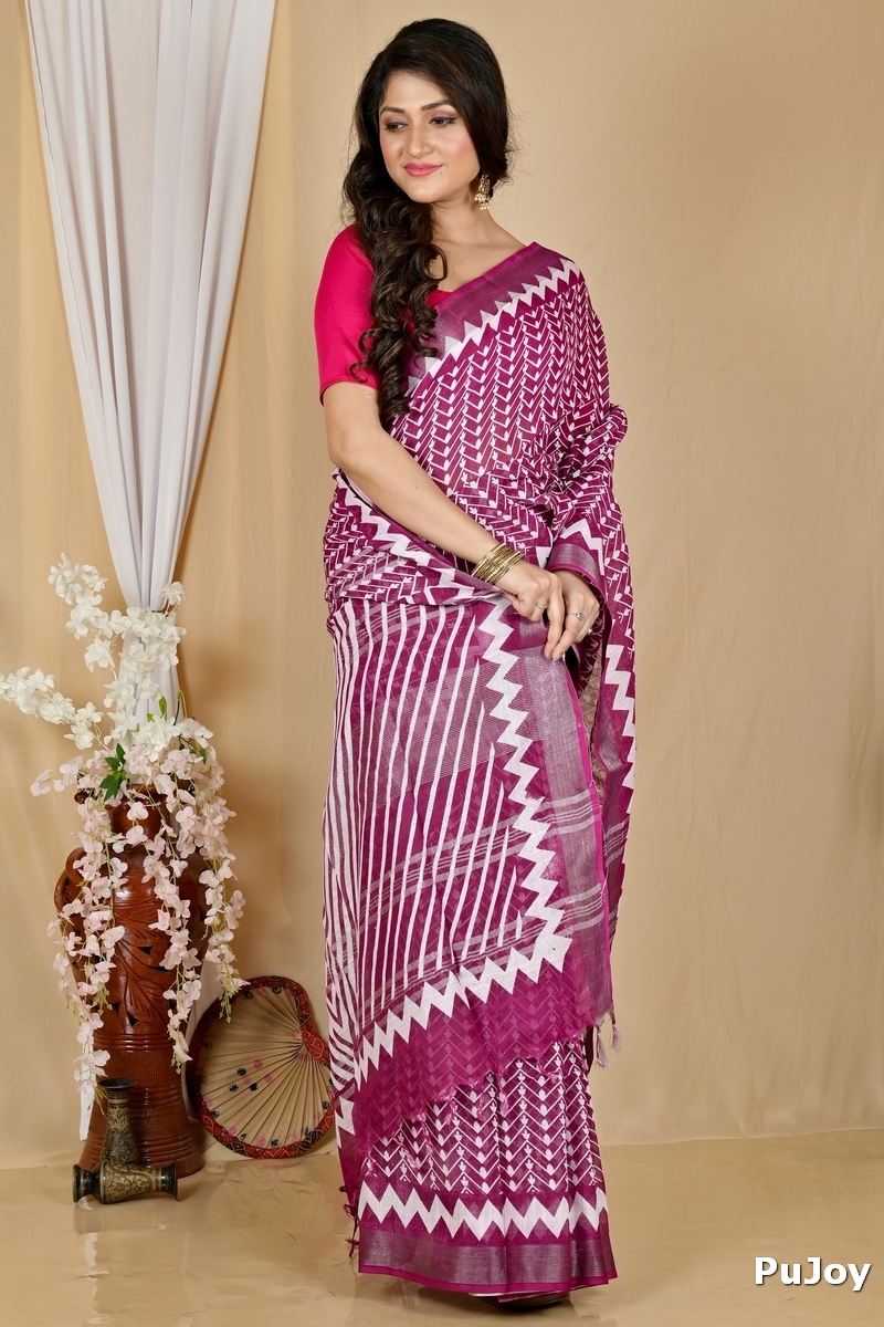 Purple Cotton Sebai Batik Print Saree (2036)