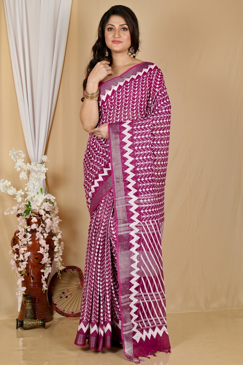 Purple Cotton Sebai Batik Print Saree (2036)