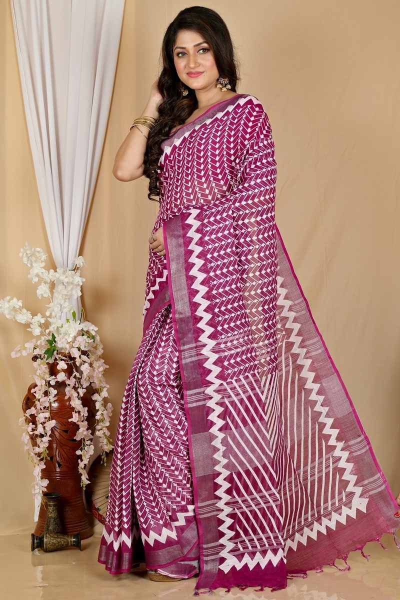 Purple Cotton Sebai Batik Print Saree (2036)