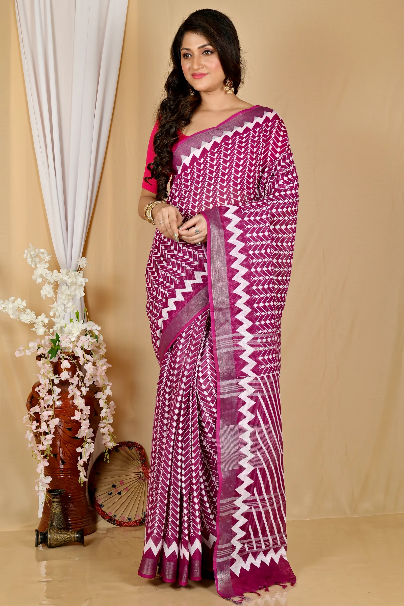 Purple Cotton Sebai Batik Print Saree (2036)
