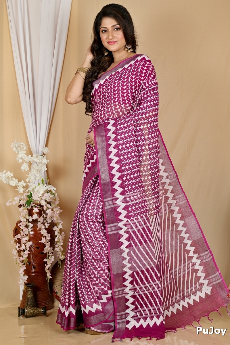 Purple Cotton Sebai Batik Print Saree (2036)