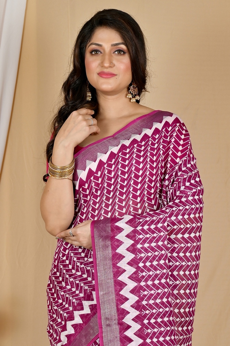 Purple Cotton Sebai Batik Print Saree (2036)