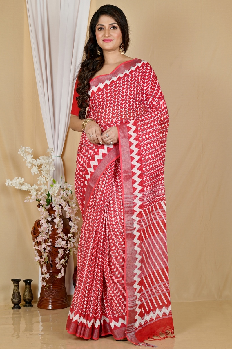 Red Cotton Sebai Batik Print Saree (2038)