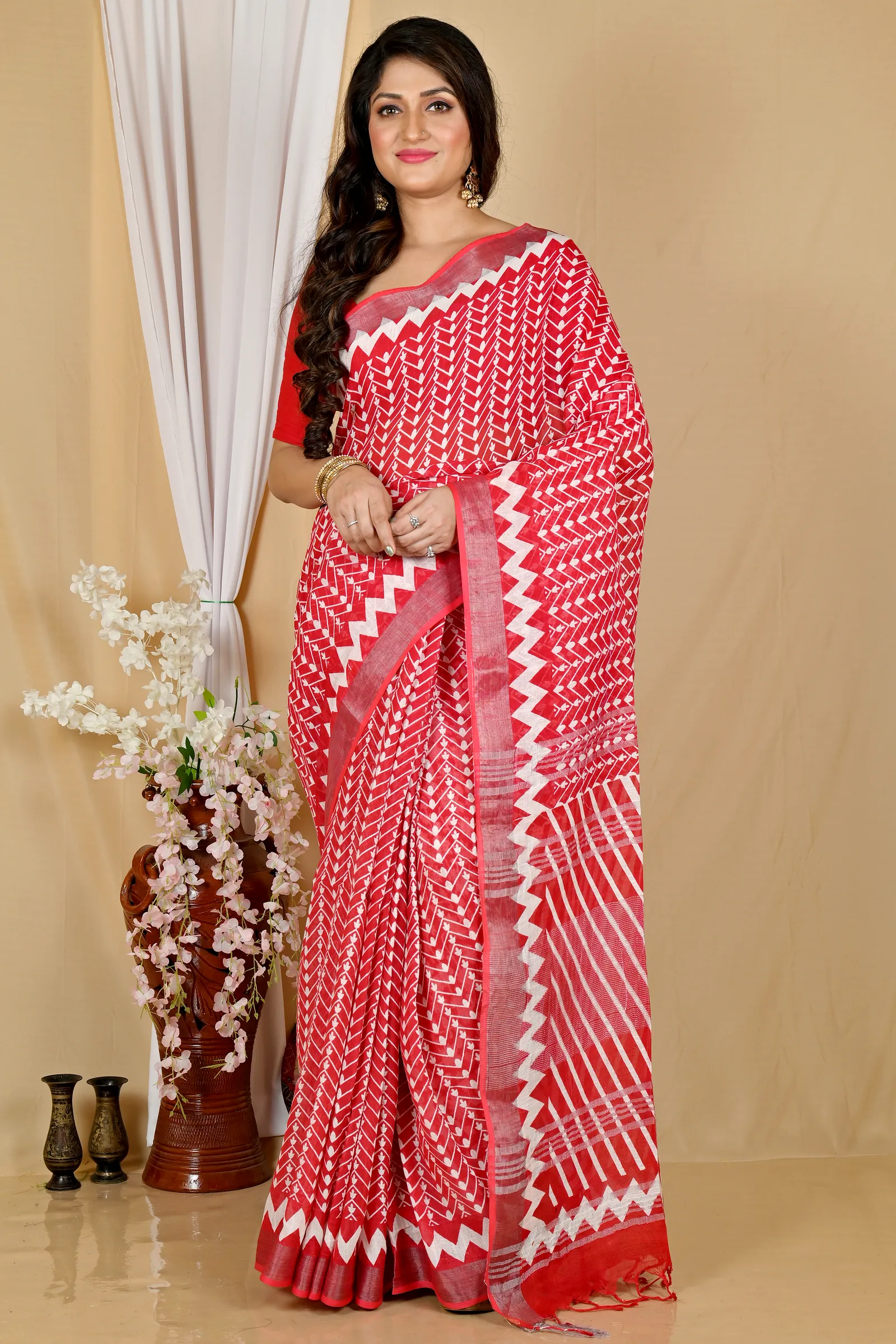 Red Cotton Sebai Batik Print Saree (2038)