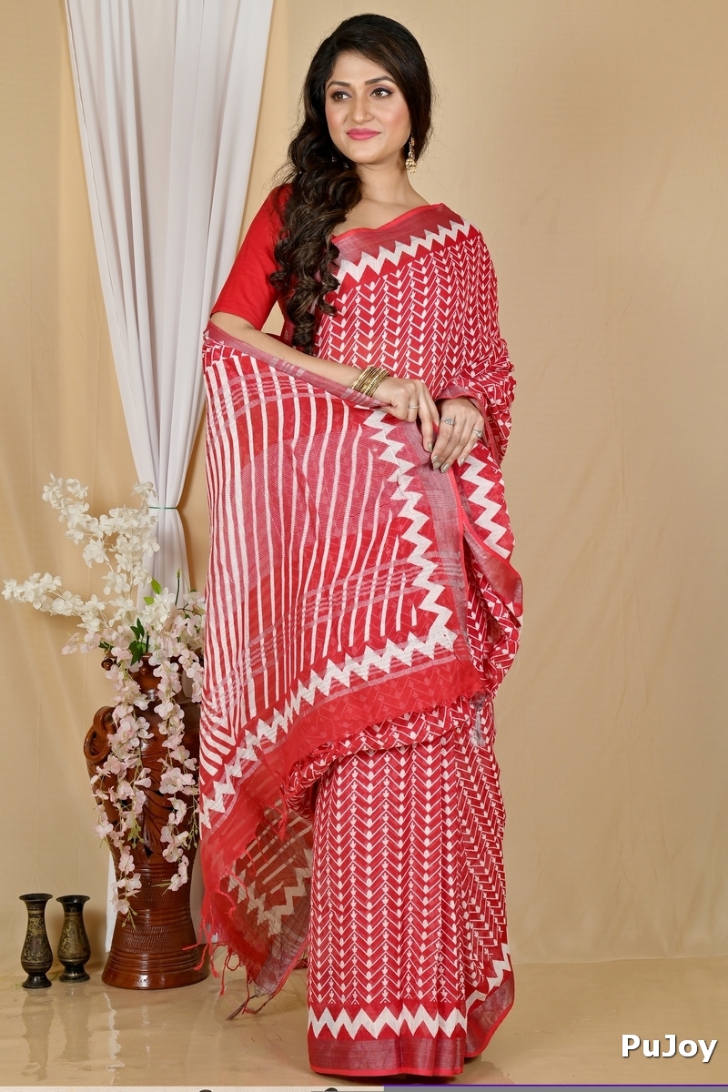 Red Cotton Sebai Batik Print Saree (2038)