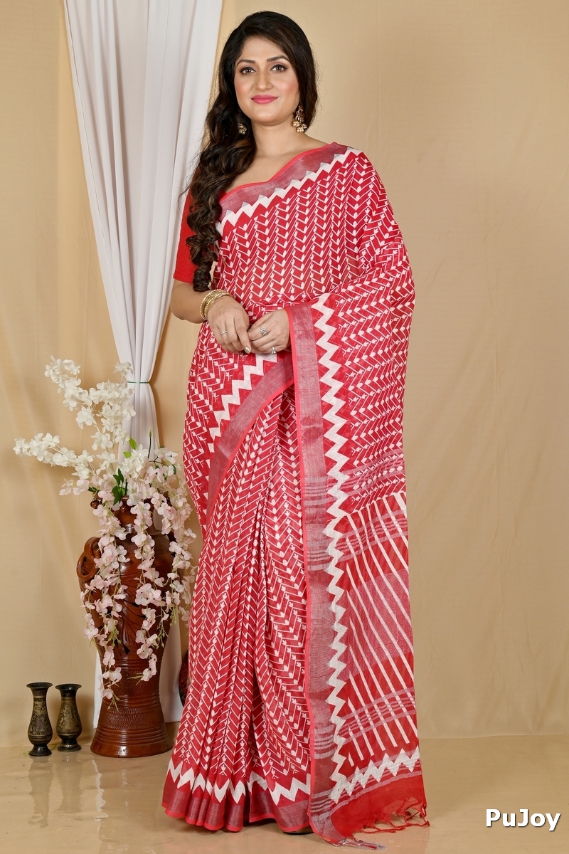 Red Cotton Sebai Batik Print Saree (2038)