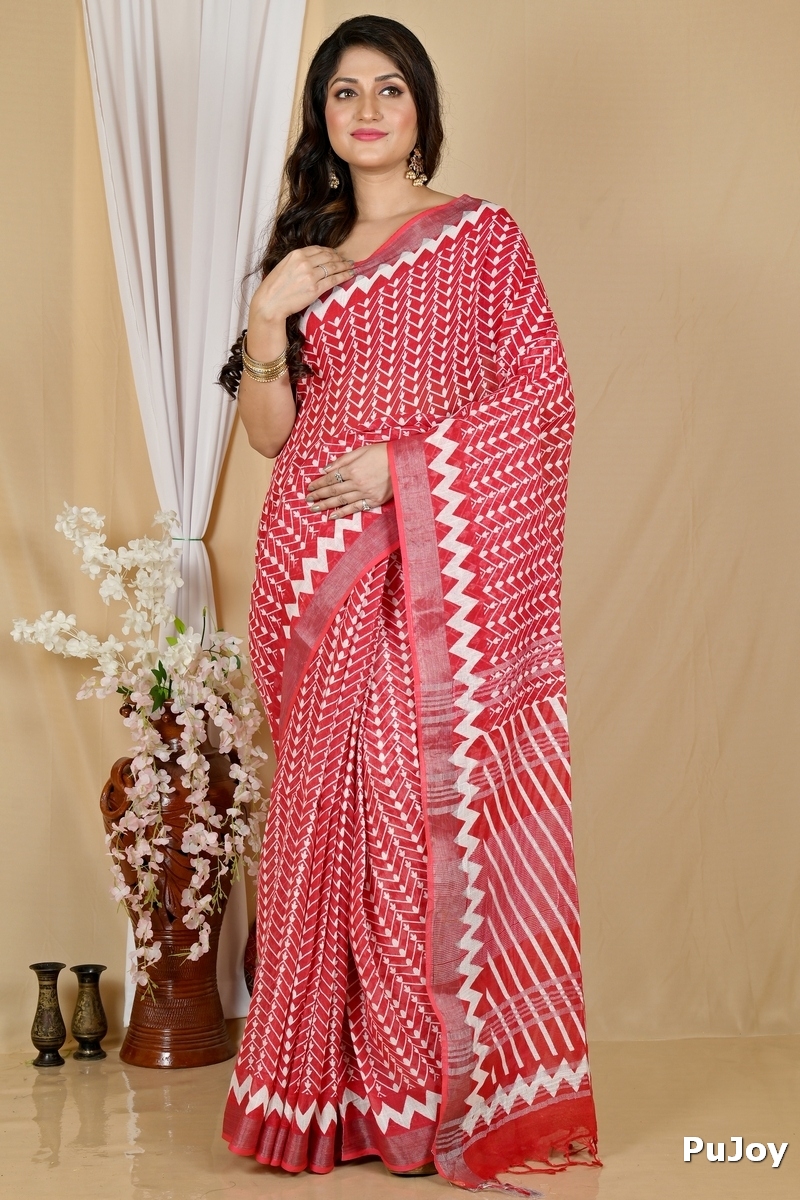 Red Cotton Sebai Batik Print Saree (2038)