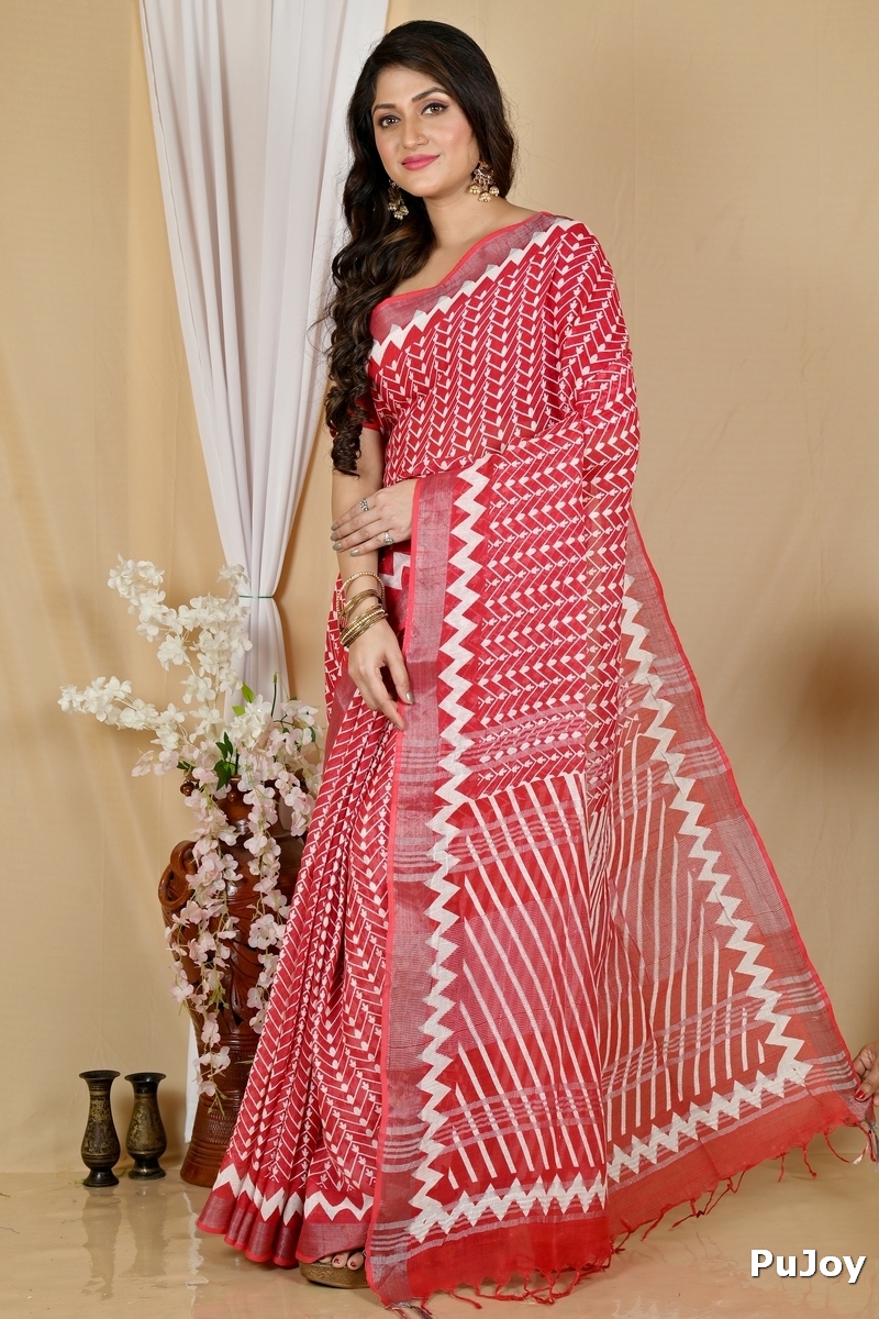 Red Cotton Sebai Batik Print Saree (2038)