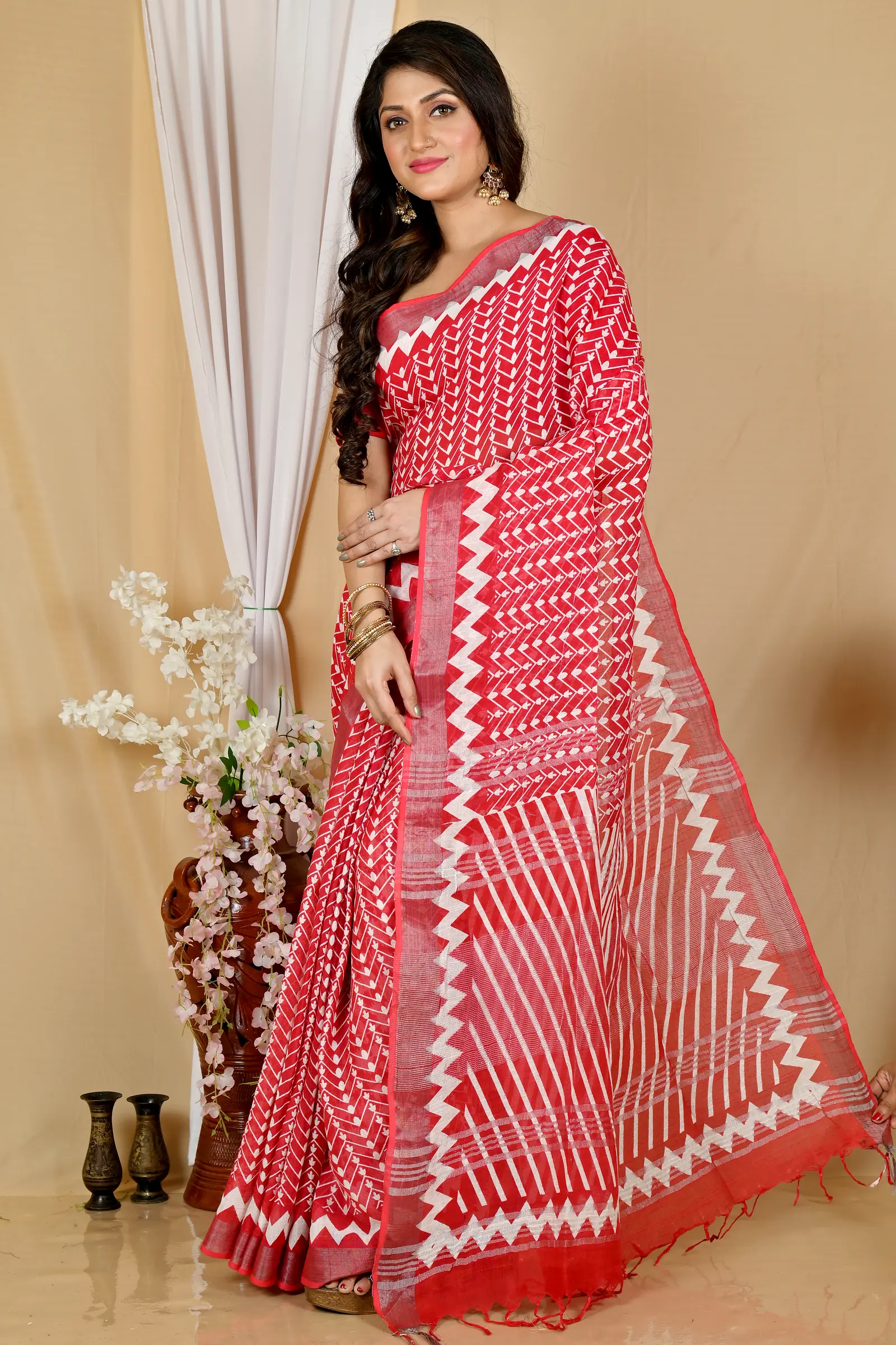 Red Cotton Sebai Batik Print Saree (2038)