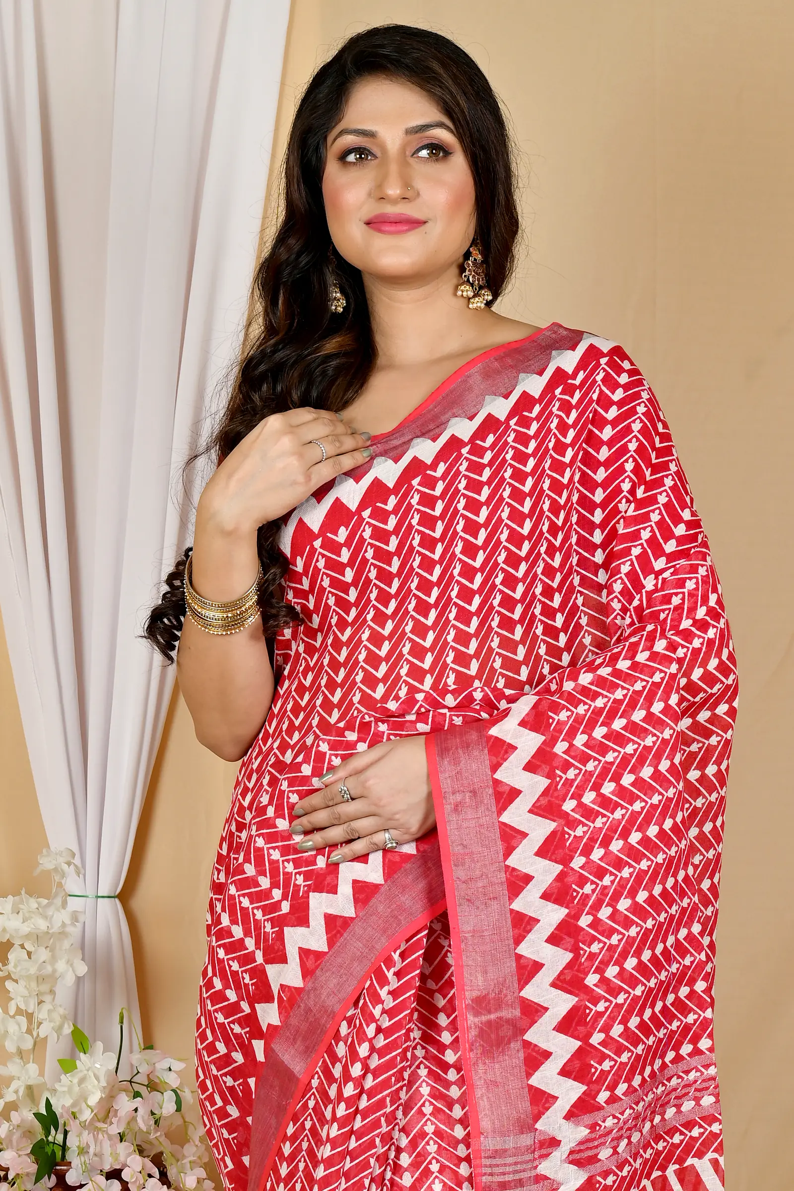 Red Cotton Sebai Batik Print Saree (2038)