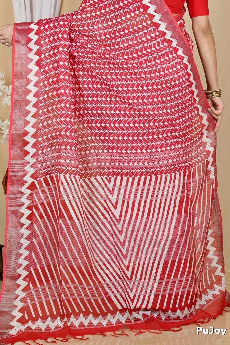 Red Cotton Sebai Batik Print Saree (2038)