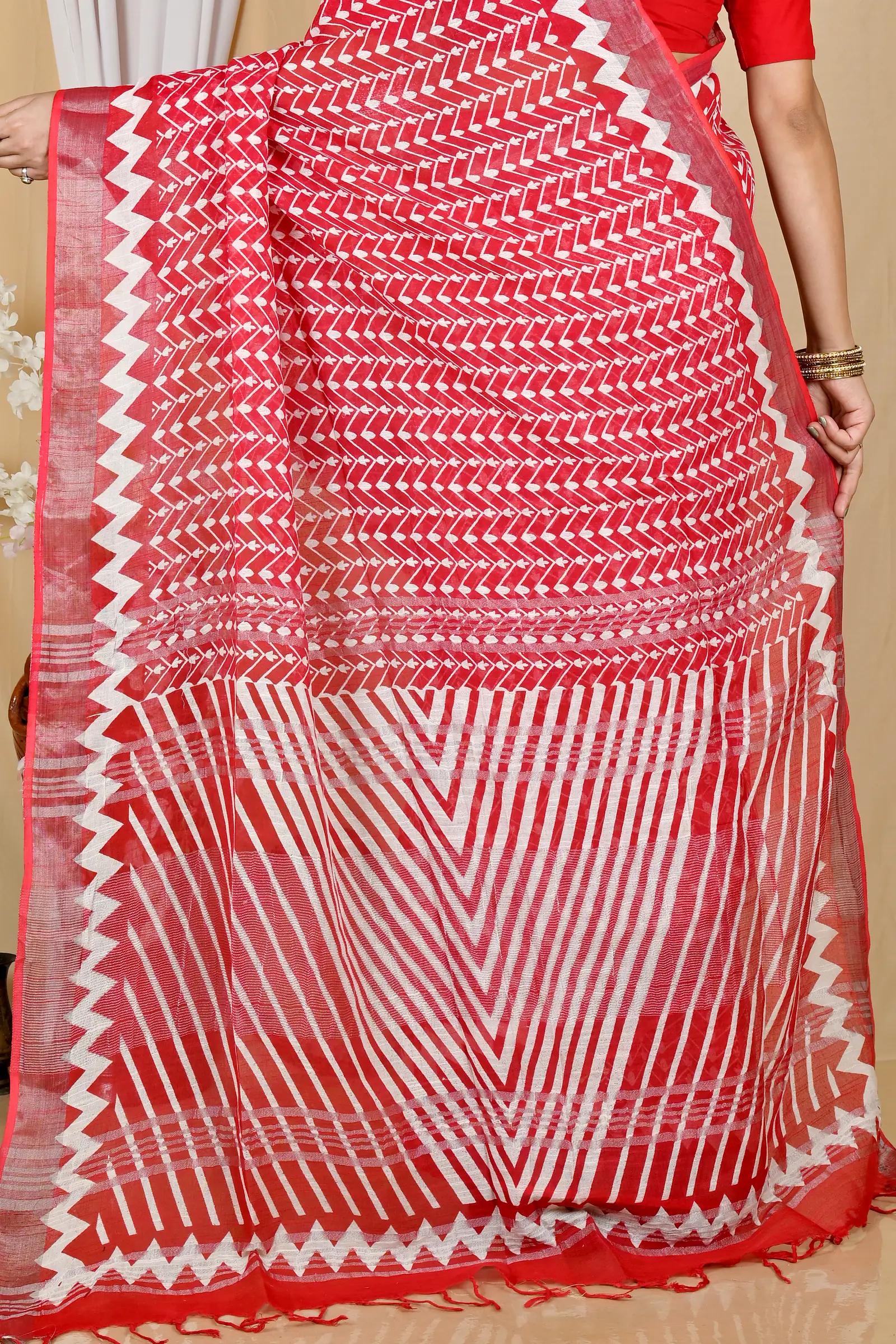 Red Cotton Sebai Batik Print Saree (2038)