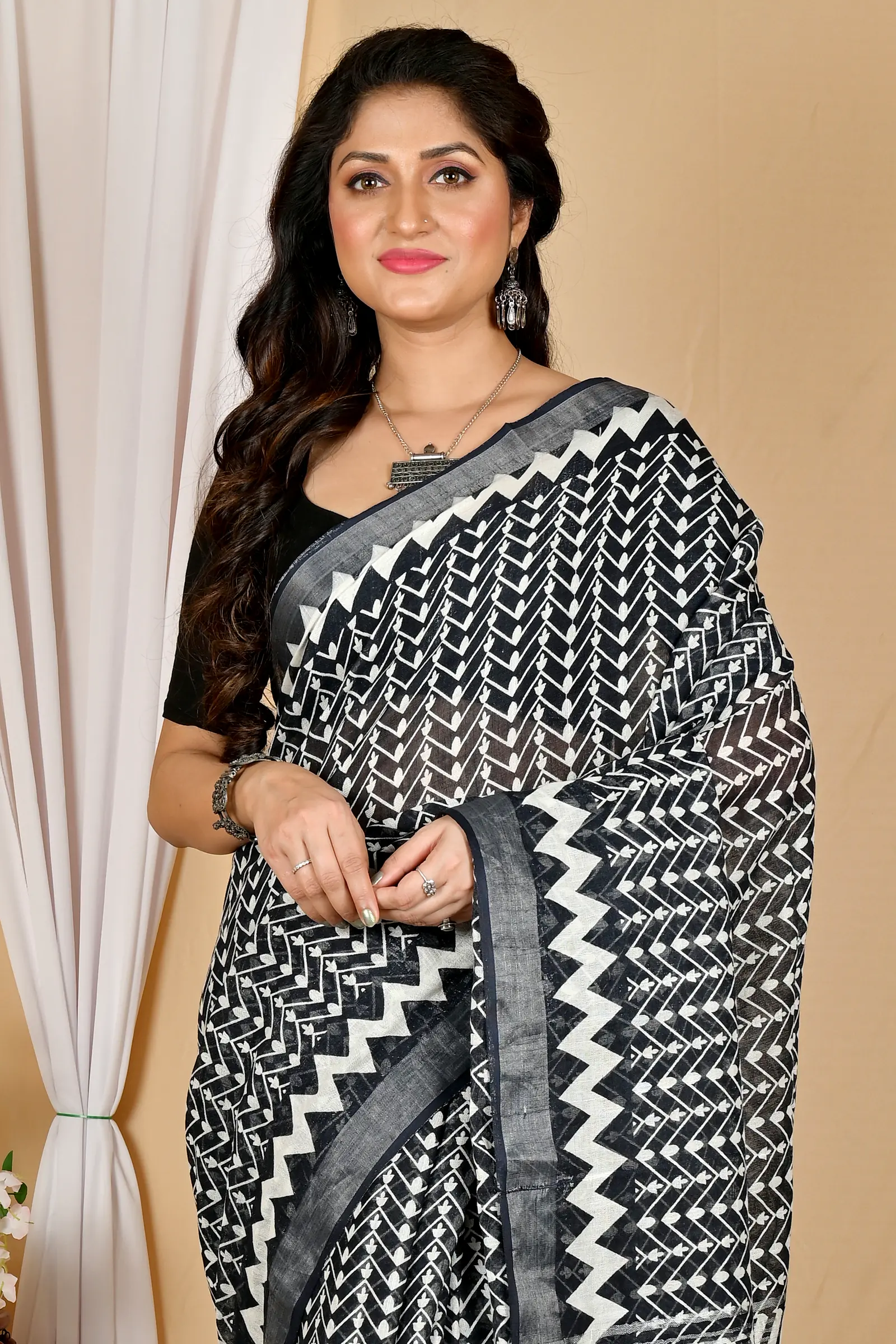 Black Cotton Sebai Batik Print Saree (2039)