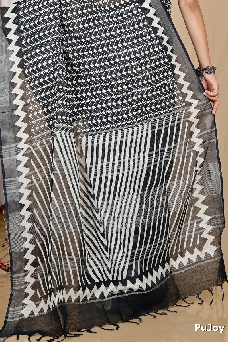 Black Cotton Sebai Batik Print Saree (2039)