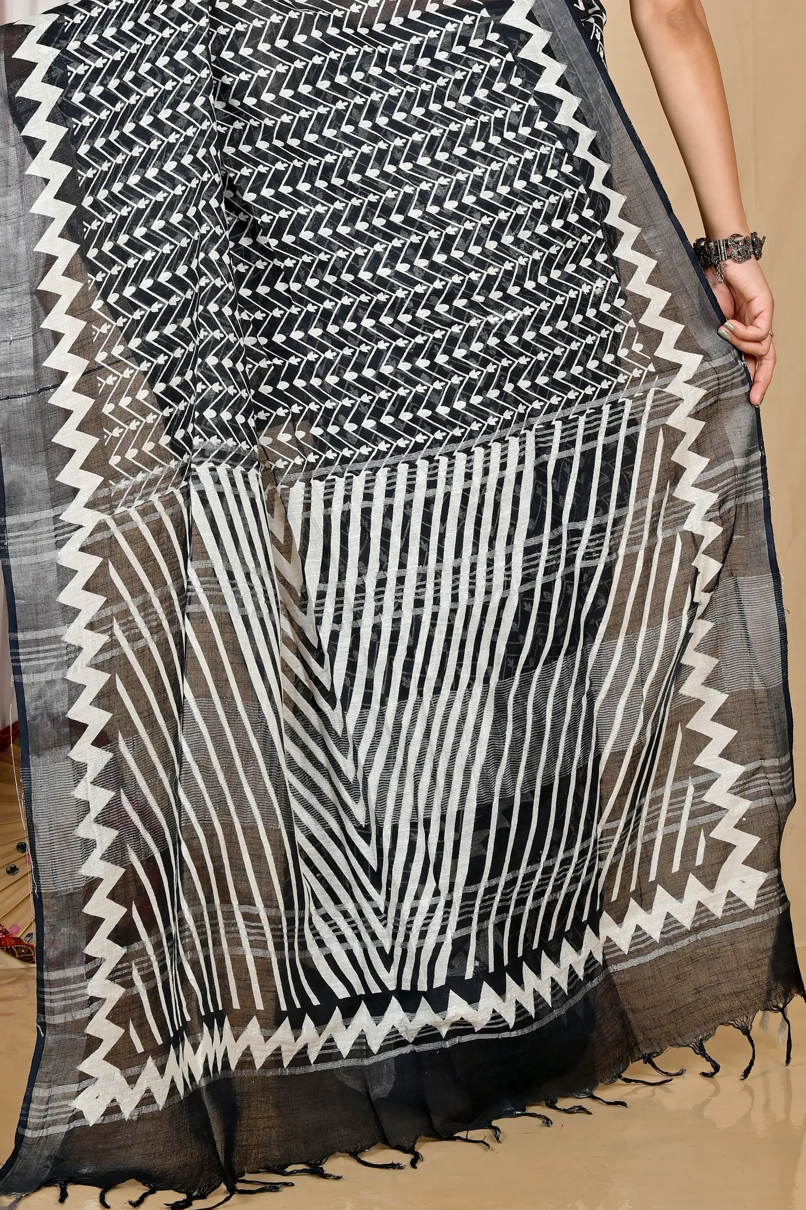 Black Cotton Sebai Batik Print Saree (2039)