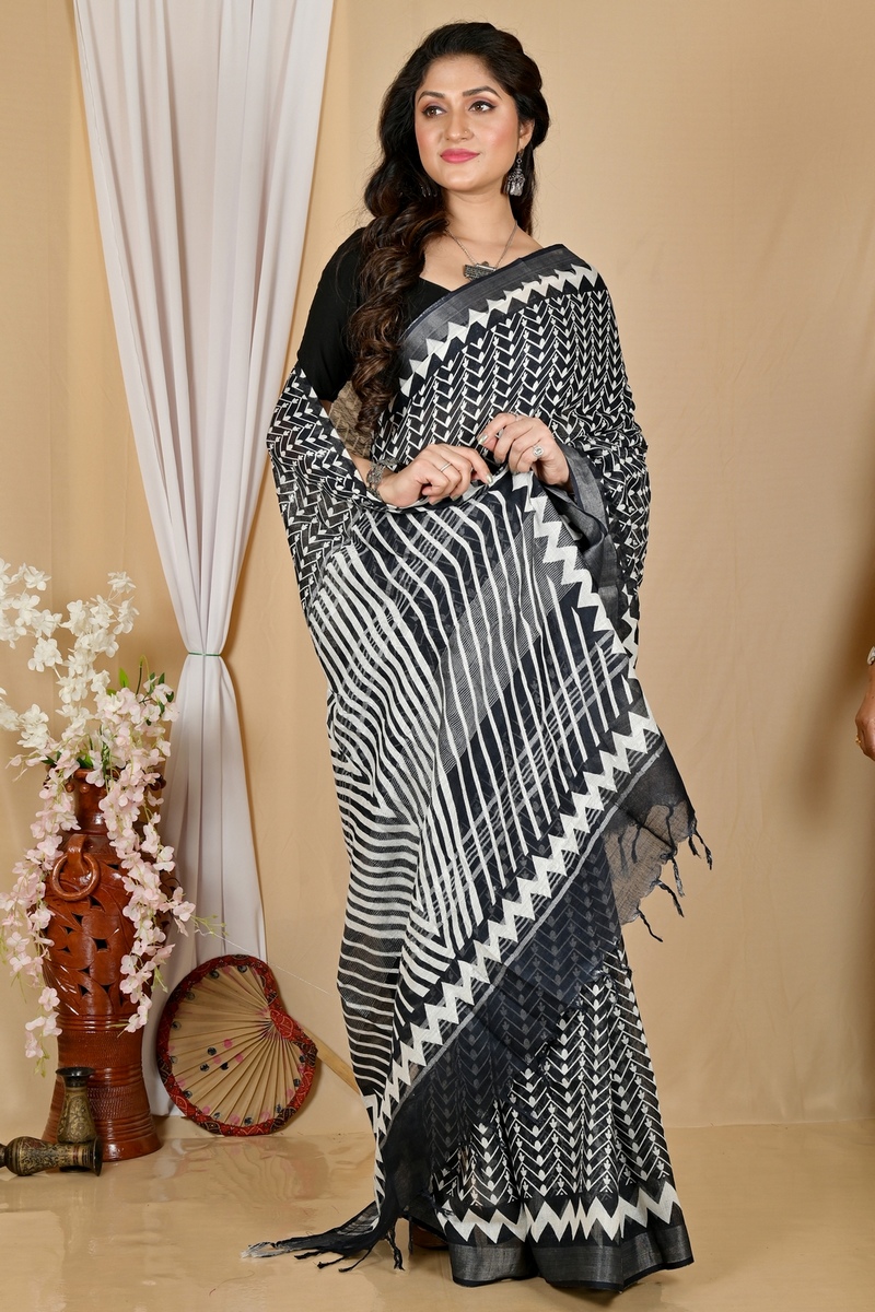 Black Cotton Sebai Batik Print Saree (2039)