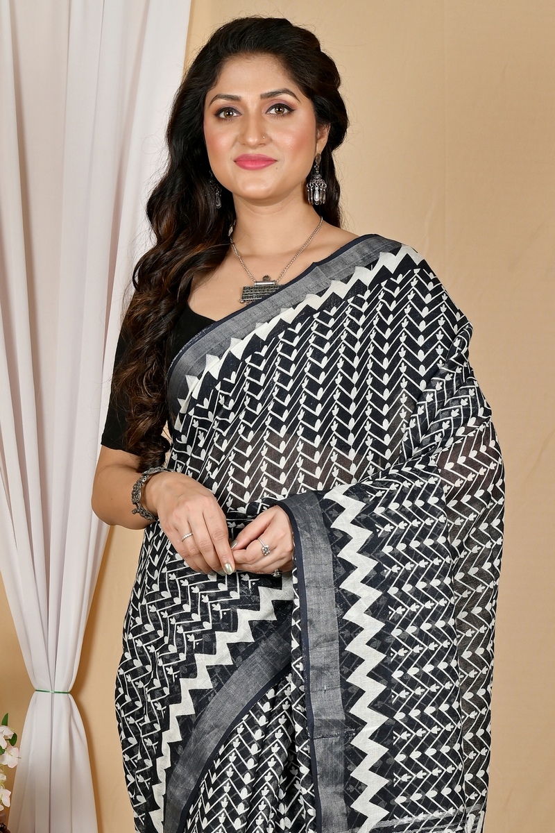 Black Cotton Sebai Batik Print Saree (2039)