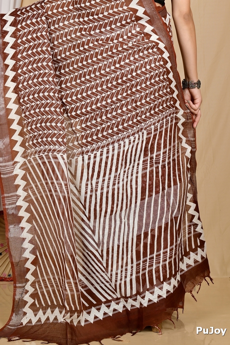 Brown Cotton Sebai Batik Print Saree (2040)