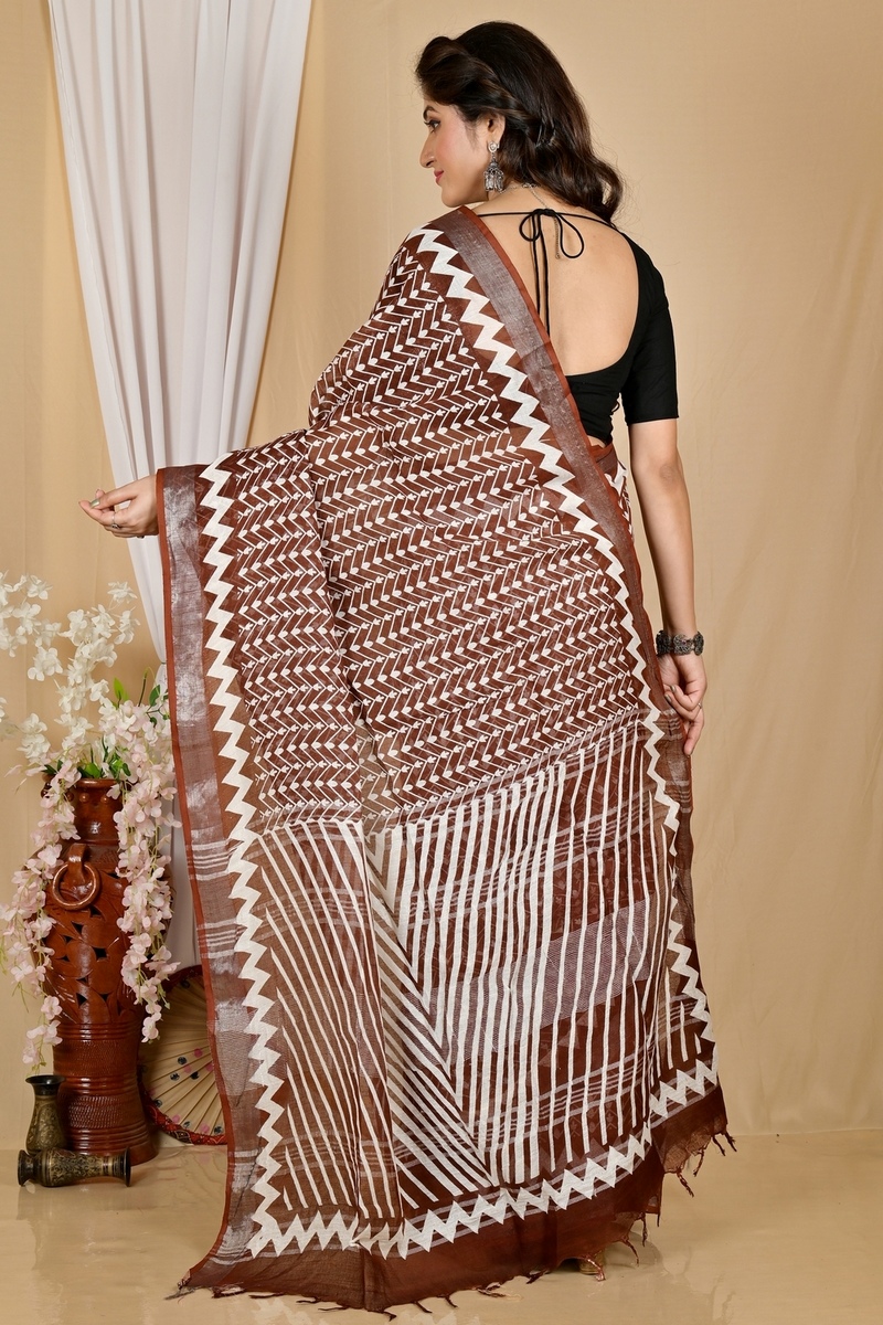 Brown Cotton Sebai Batik Print Saree (2040)
