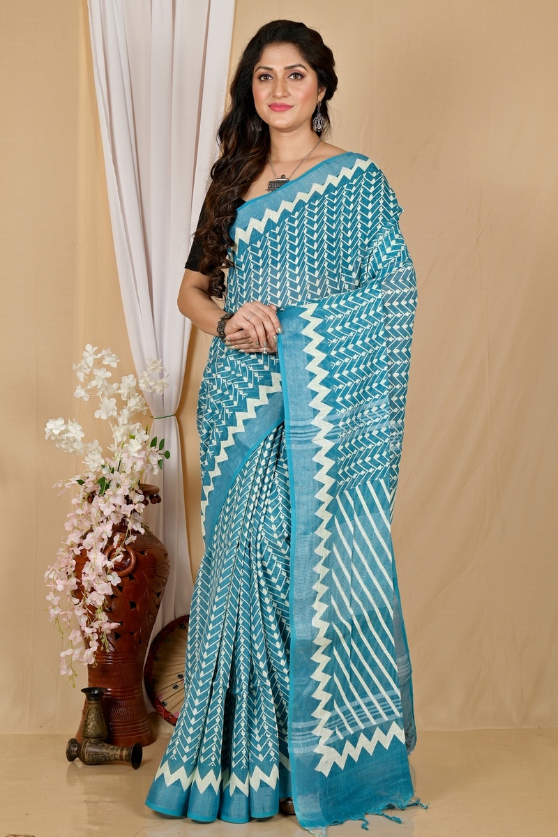 See Blue Cotton Sebai Batik Print Saree (2041)