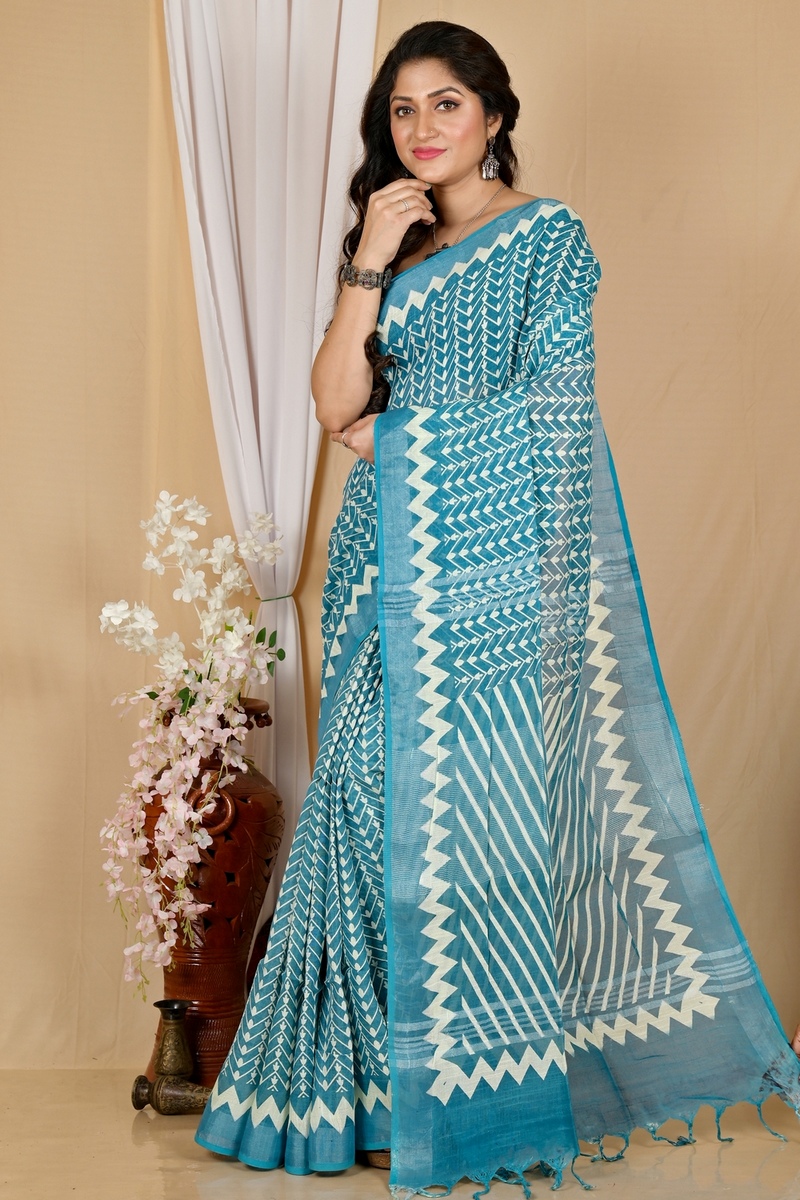See Blue Cotton Sebai Batik Print Saree (2041)
