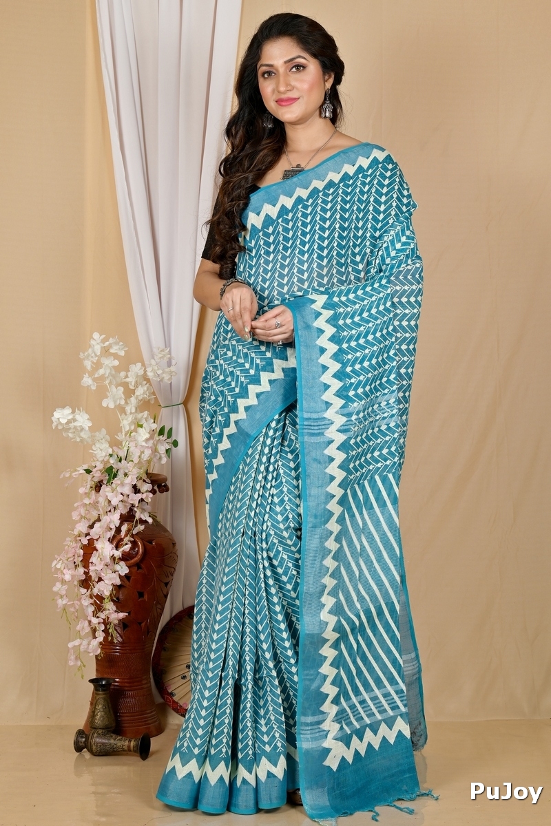 See Blue Cotton Sebai Batik Print Saree (2041)